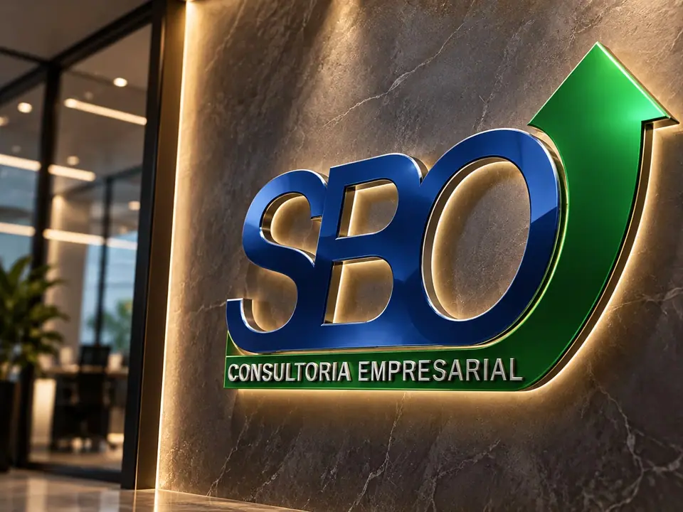 Logo da SBO Consultoria Empresarial em letreiro iluminado numa parede de mármore